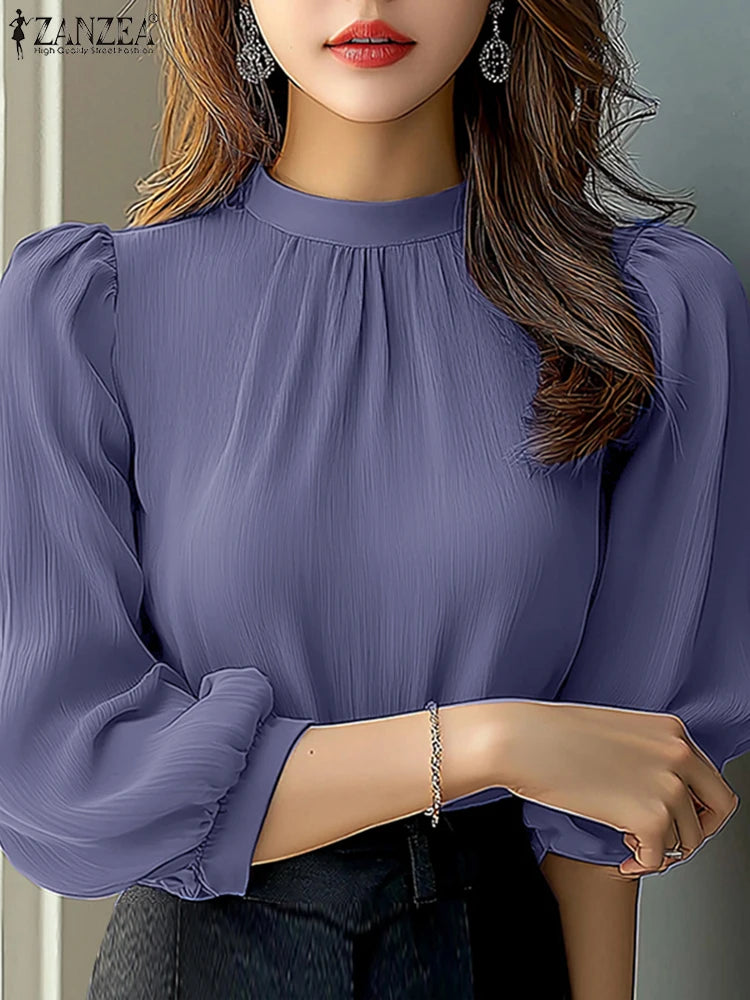 Elegant Women Work OL Blouses 2025 ZANZEA Summer Autumn Shirts Stand Neck 3/4 Sleeve Solid Blusas Female Tunic Chemise Oversize
