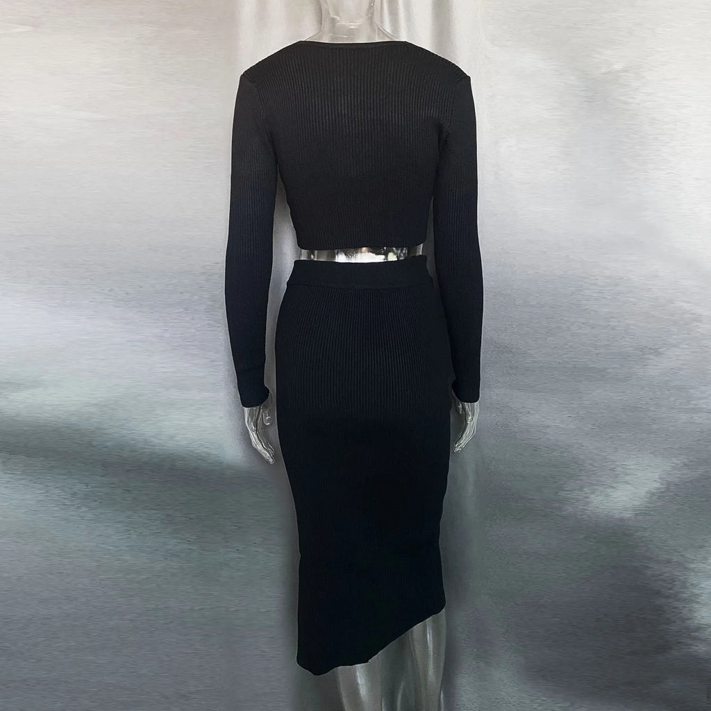 Talenza Knitted Slim Fit Slit Skirt Set 2 Piece Women's Solid Color Pullover Top Long Skirt Set Long Sleeve Women's Suit Skirt