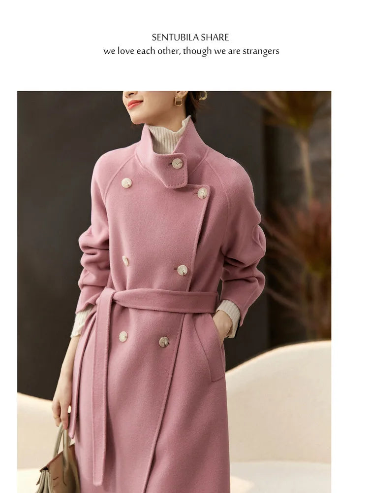 SENTUBILA Women's Long Woolen Overcoats 2025 Winter Outerwear Elegant Turtleneck Warm Double Breasted Belt Wrap Coat W24O42064