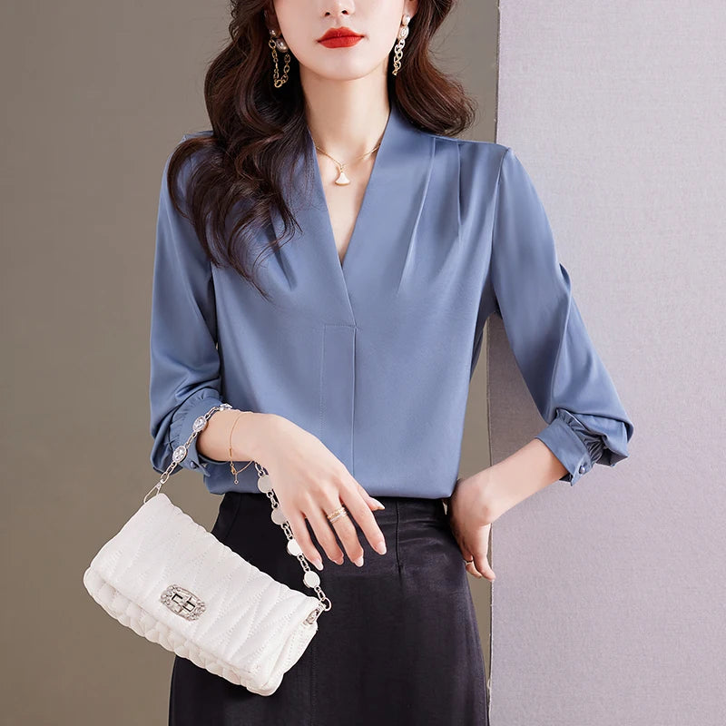 Fashion Woman Blouse 2023 Elegant and Youth Woman Blouses V-neck Silk Women's Autumn Clothing Vintage Shirt Solid OL Womens Tops