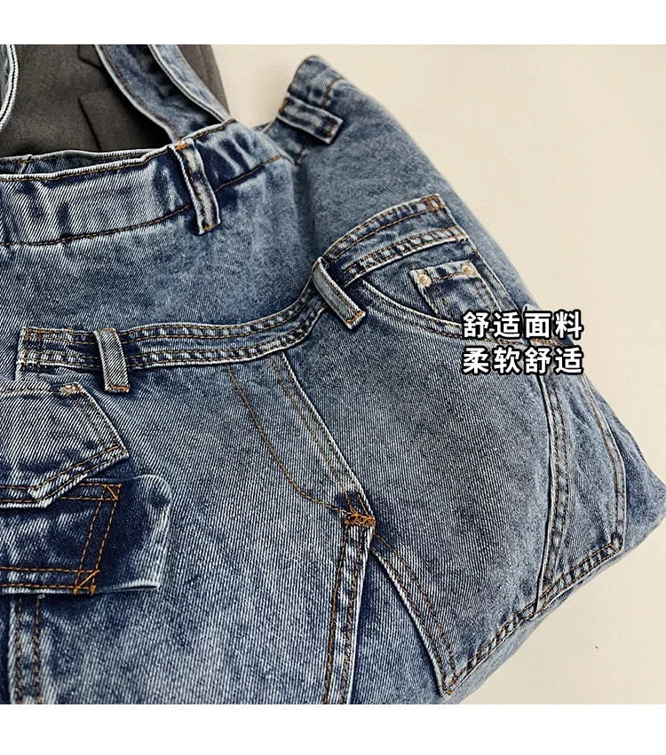 2025 Spring New Hot Sale Denim Tote Bags Solid Large Capacity Personality Retro Durable Commute Style Shoulder Bags for Women