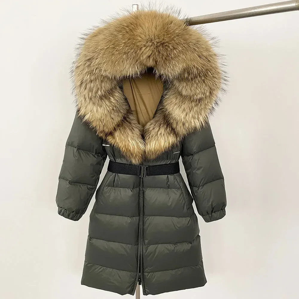 90% White Duck Down Coat New Natural Thick Warm Long Winter Jacket Women Real Big Fox Fur Collar Belt Loose Puffer Parka