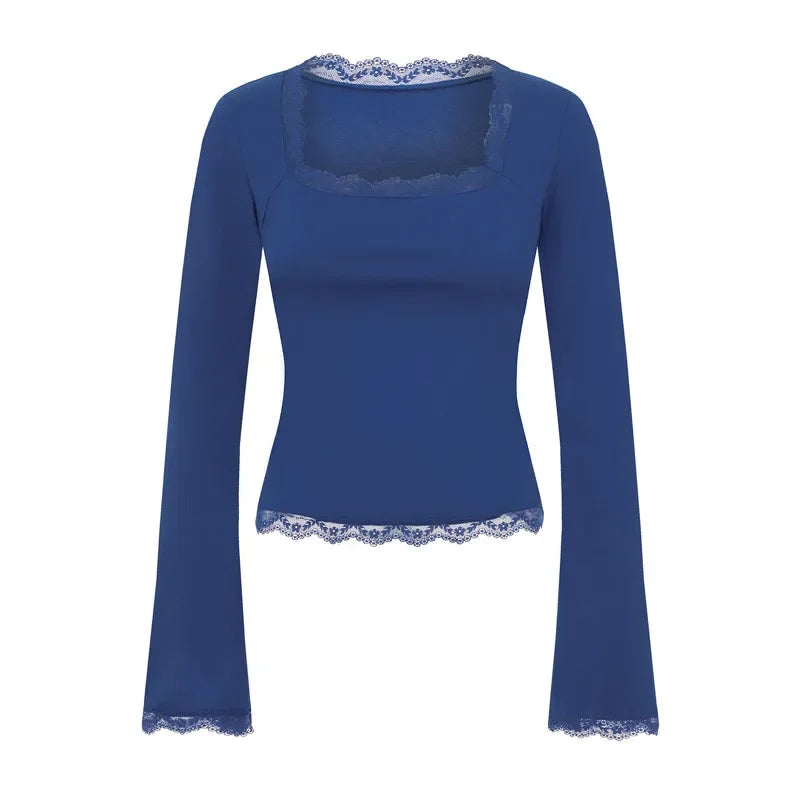 Women's Spring Lace Trim Tee Shirt Blouses Fashion Long Sleeve Square Neck Slim Trendy Party T-shirt Y2K Streetwear