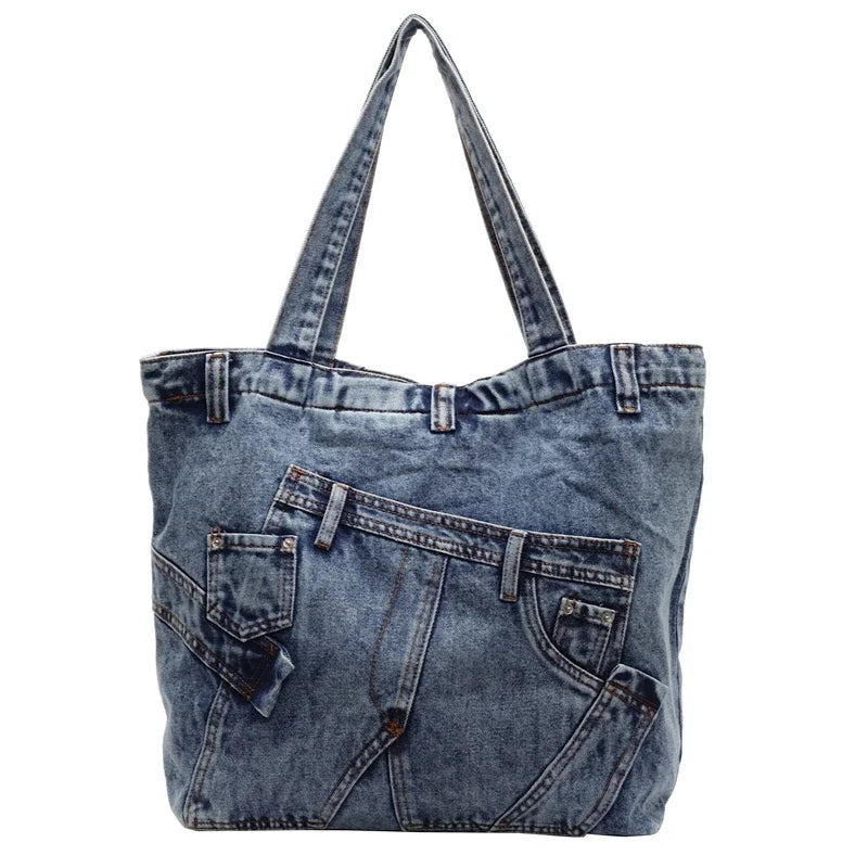 2025 Spring New Hot Sale Denim Tote Bags Solid Large Capacity Personality Retro Durable Commute Style Shoulder Bags for Women