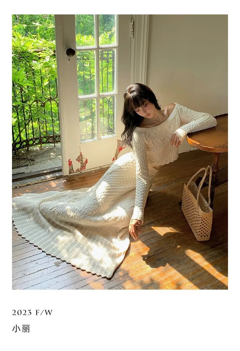Women's Knitted Sweater Skirt Two-Piece Suit New Sexy Hollow Off-Neck Long Sleeve Sweater Skirt Suit