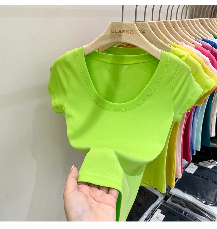 2025 Sexy Square Collar Slim T Shirt Women Cotton Elastic Basic Solid Female Casual Tops Short Sleeve Thin T-shirts See Through