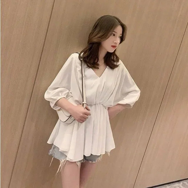 Blouse For Women Oversized Tops Long Sleeve V-neck Chiffon Slim Waist Shirts 2025 Blusas Mujer De Moda Folds Chic Summer Blouses