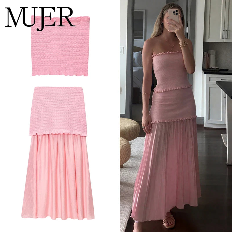 MUJER Pink Knit Skirt Set 2 Piece Woman Pleated Long Skirts for Women off Shoulder Ruffle Top Women's Skirts Set Summer Outfit