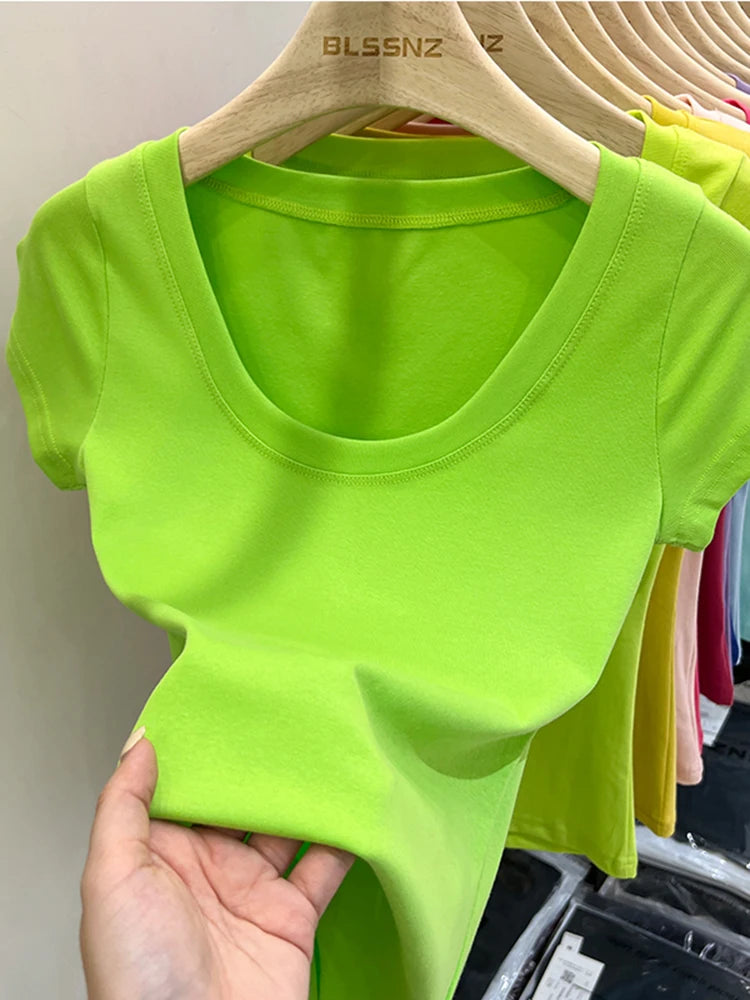 2025 Sexy Square Collar Slim T Shirt Women Cotton Elastic Basic Solid Female Casual Tops Short Sleeve Thin T-shirts See Through