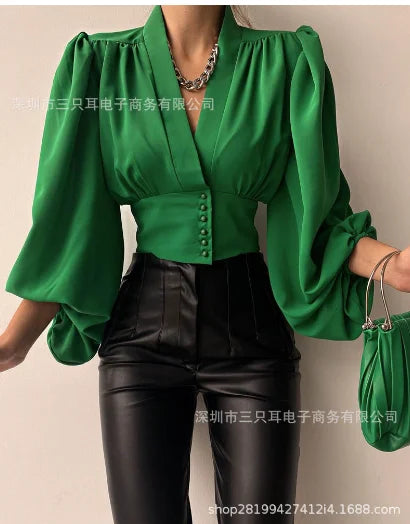 Elegant And Youth Woman Blouses Spring V-neck Lantern Sleeve Slim Fit Women's Shirts Button Long Sleeve Shirts And Blouses 2024