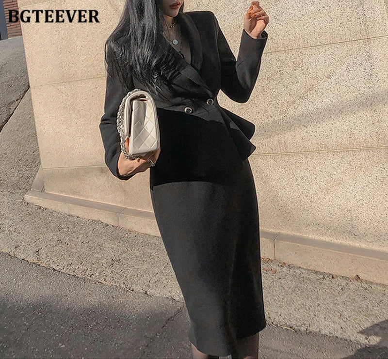 BGTEEVER Elegant Ladies Skirt Suits Double Breasted Slim Waist Blazer & High Waist Package Hip Skirts Women 2 Pieces Set
