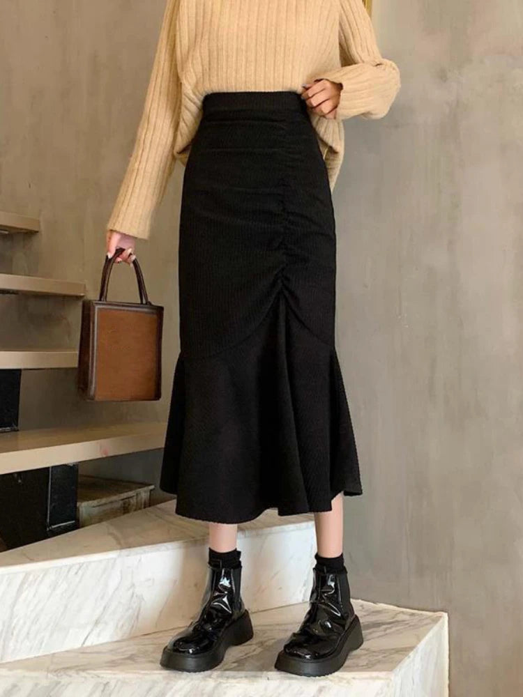 Fashion High Waist Midi Skirts for Women 2023 Spring Slim Fit  Hip Mermaid Skirt Woman Korean Ruffles Brown Skirts 2XL
