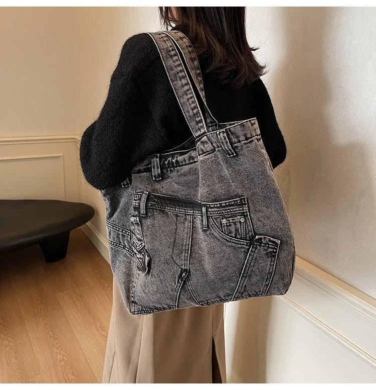 2025 Spring New Hot Sale Denim Tote Bags Solid Large Capacity Personality Retro Durable Commute Style Shoulder Bags for Women