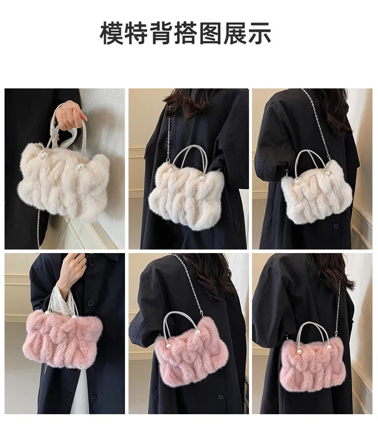 Soft Plush Evening Bags For Elegant Women Fur Dinner Party Clutch Chain Crossbody Winter Warm Luxury Designer Handbags