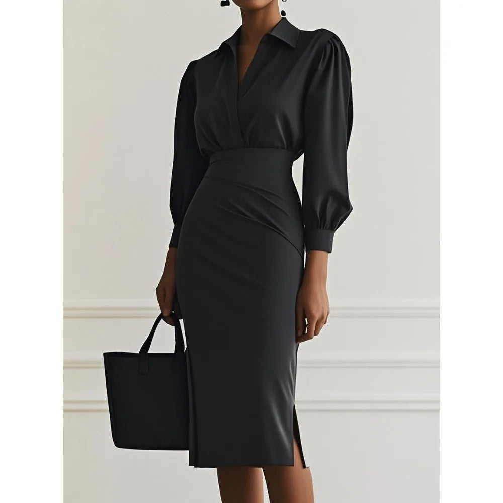 Dresses Women Long Dress 2025 Autumn Office Lady Vestidos Largos Lapel Split Slash Tight Waist Slim Solid Casual Elegant Dresses