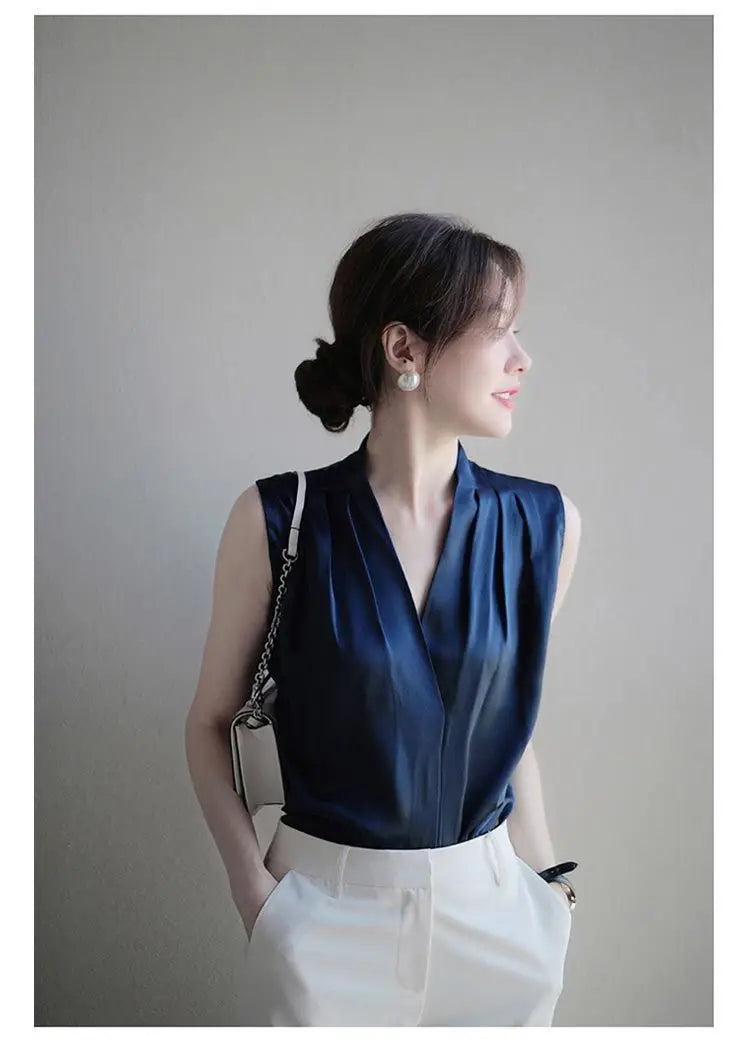 2025 New Summer Satin Tank Top Women's Blouses Sleeveless Solid Cross V-neck Casual Korean Elegant Vest Shirts for Womens