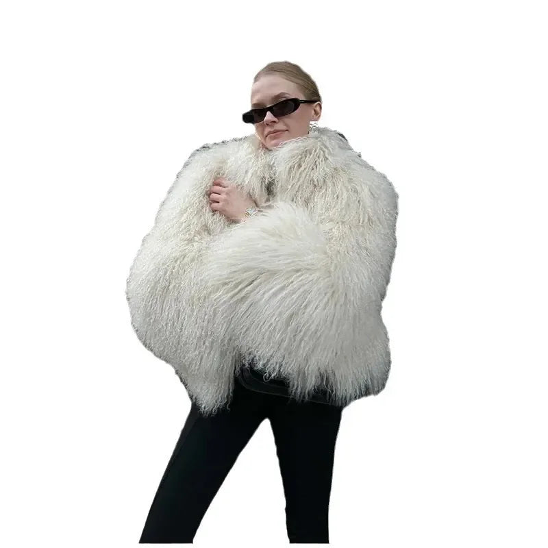 Europe and The United States Autumn Women's Fur Personality Street Elegant Artificial Fur, Warm Round Neck Long Sleeves Coat