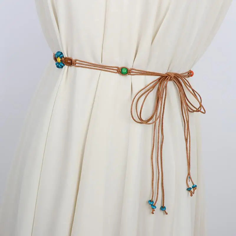 Belts For Women Knot Waistband Summer Boho Shell Bead Dress Jeans Belt Female Beach Accessory Beige Wax Cord