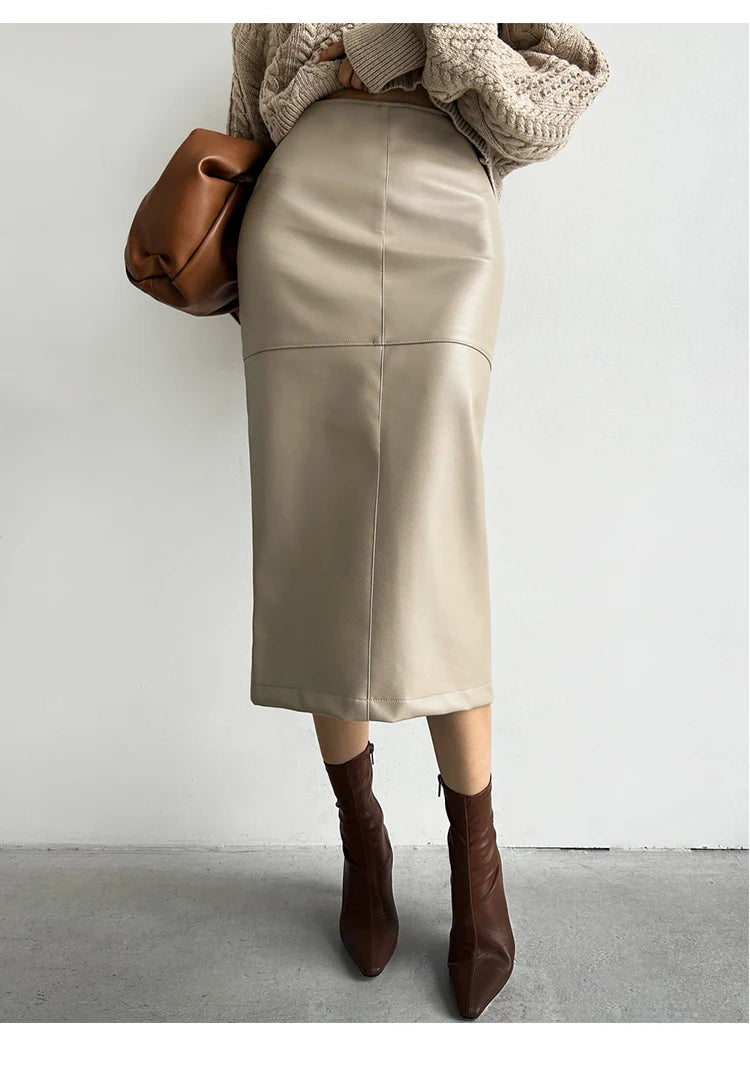 New Fashion Pu Leather Skirt Women Fashion Autumn High Waist Slim Split Wrapped Hip Pencil Skirts Elegant Office Lady Jupe