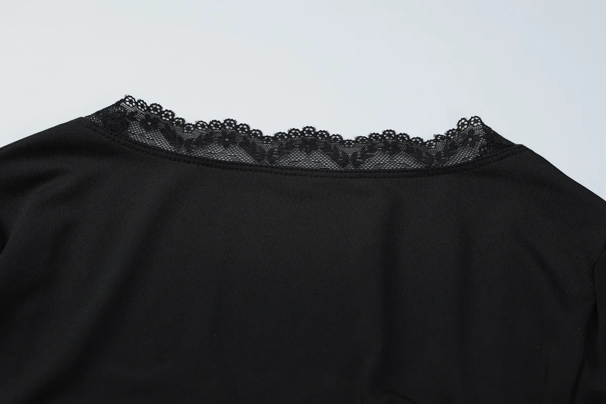 FDYOUI Lace Patchwork Long Sleeve T-shirts Streetwear Y2K Woman Clothes Casual Fashion Square Collar Slim Pink Tee Shirt Tops