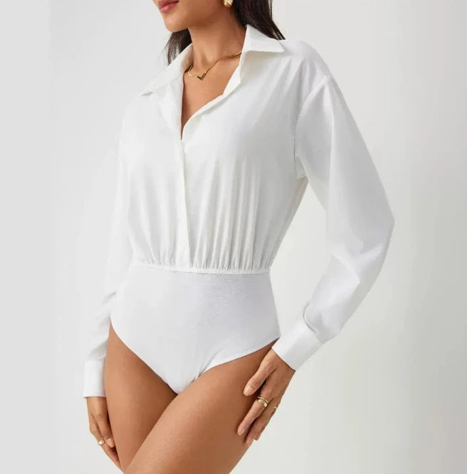 Sexy White Bodysuits Fashion Mature Women's Lapel Shirt Casual Single Breasted Long Sleeved Sexy Versatile Women's Bodysuits