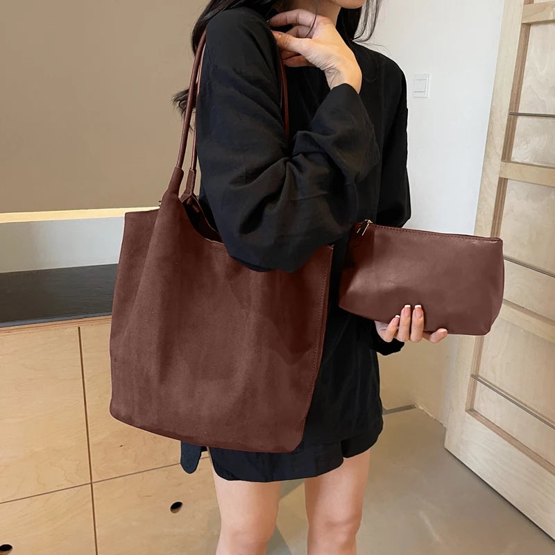 2pcs/set  Women Tote Bags Work Bags Suede Slouchy Bag Hobo Handbag Tote Handbag Suede Shoulder Bag Solid Color Commuting Bag