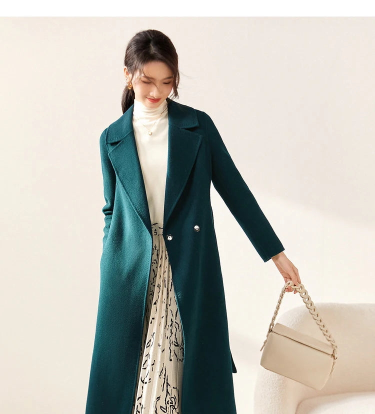 SENTUBILA Women 100% Wool Long Wrap Coat 2025 Elegant Notched Collar Belted Warm Double Faced Woolen Winter Overcoat W24O43352