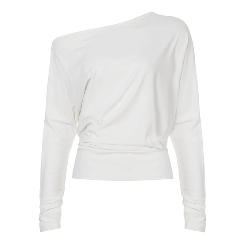 Women Loose Fit T-shirt Long Sleeve Skew Neck Solid Ladies Fall Pullovers Tops Fashion Streetwear for Casual Daily Female Tees