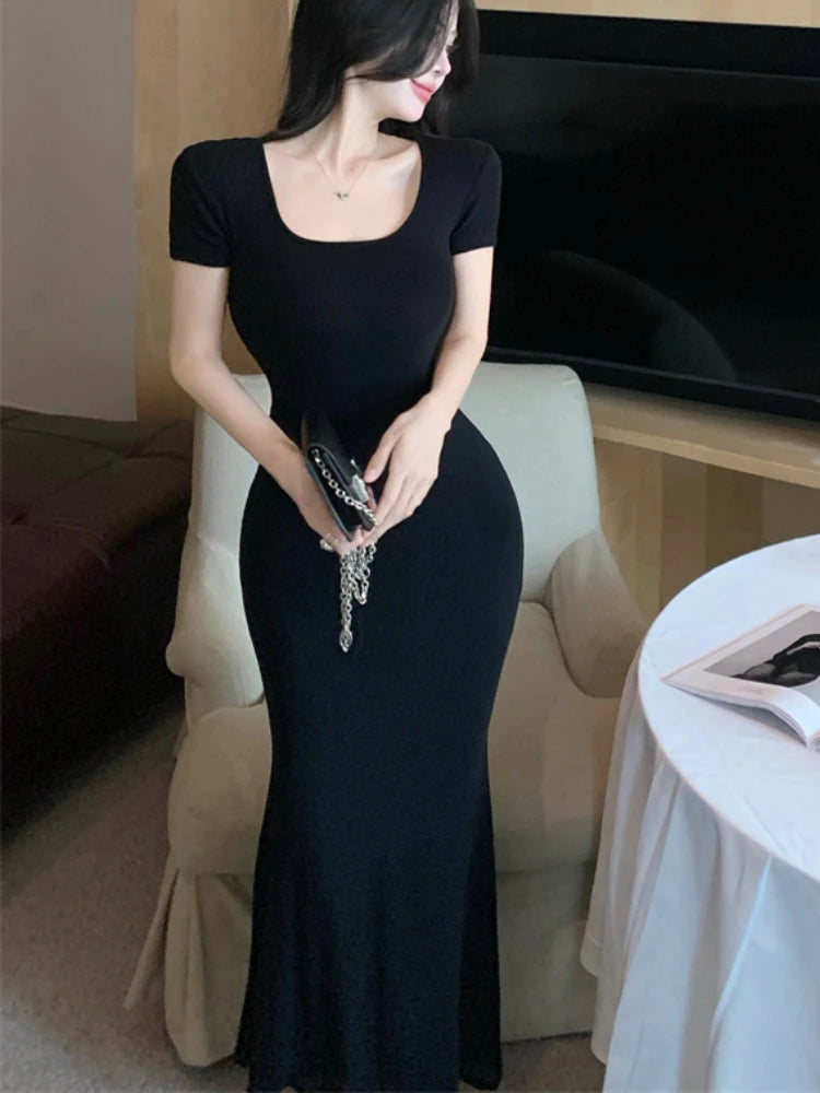 Long Dresses Women Solid Simple Elegant Partywear Gentle Trumpet Vestidos Slim French Vintage Night Club Temper Womens Daily