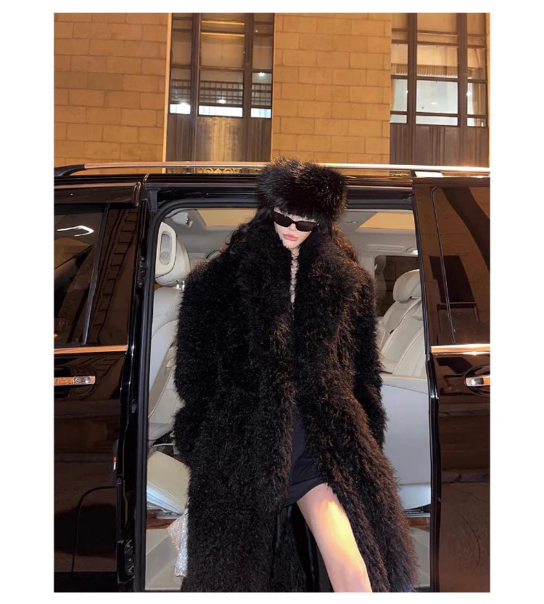 Lautaro Winter Extra Long Soft Thick Warm Fluffy Black Fuzzy Shaggy Hairy Faux Fur Coat Women Sashes Luxury Furry Overcoat 2023