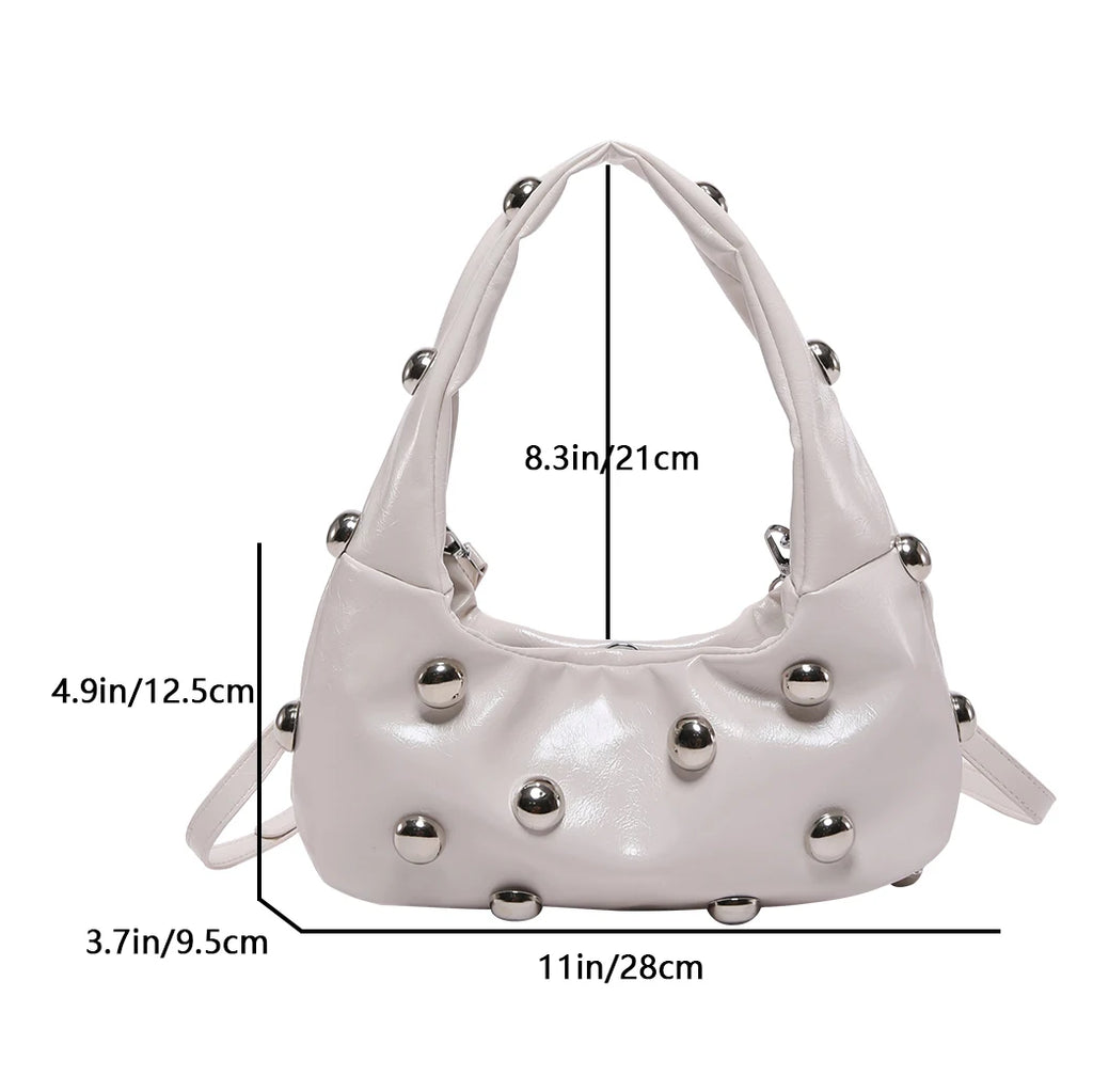 Black Half Moon Underarm Bag For Women Luxury Studded Beading Handbags Red Purse Solid Color Pu Leather Shoulder Crossbody Bags