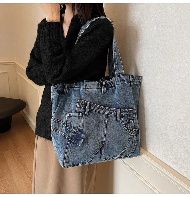 2025 Spring New Hot Sale Denim Tote Bags Solid Large Capacity Personality Retro Durable Commute Style Shoulder Bags for Women