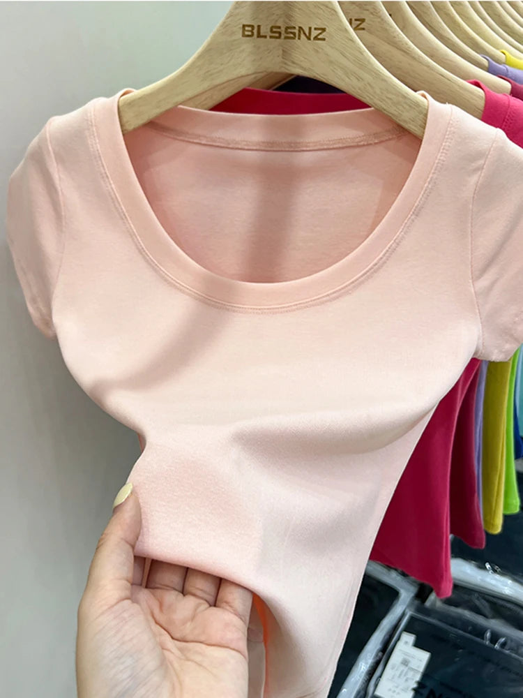 2025 Sexy Square Collar Slim T Shirt Women Cotton Elastic Basic Solid Female Casual Tops Short Sleeve Thin T-shirts See Through