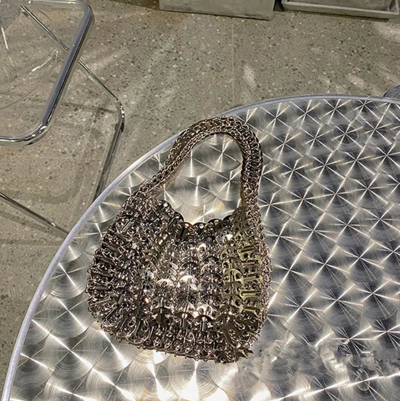 Women's Bag 2025 Trend luxury Designer Handbag Metal Chain Tote Bag Hollow Evening Bag Clutch Female Travel Holiday Shoulder Bag