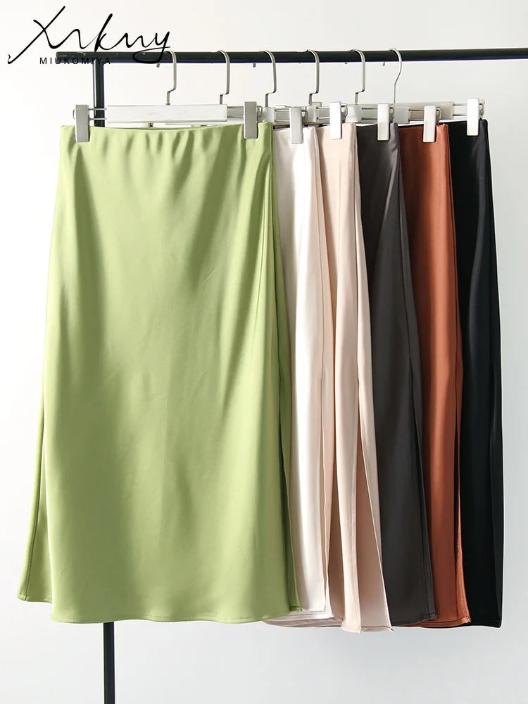 Green Satin Midi Skirts For Women Summer Elastic High Waist A Line Slit Skirt Midi Satin Silk Women Skirt With Slit Summer 2024