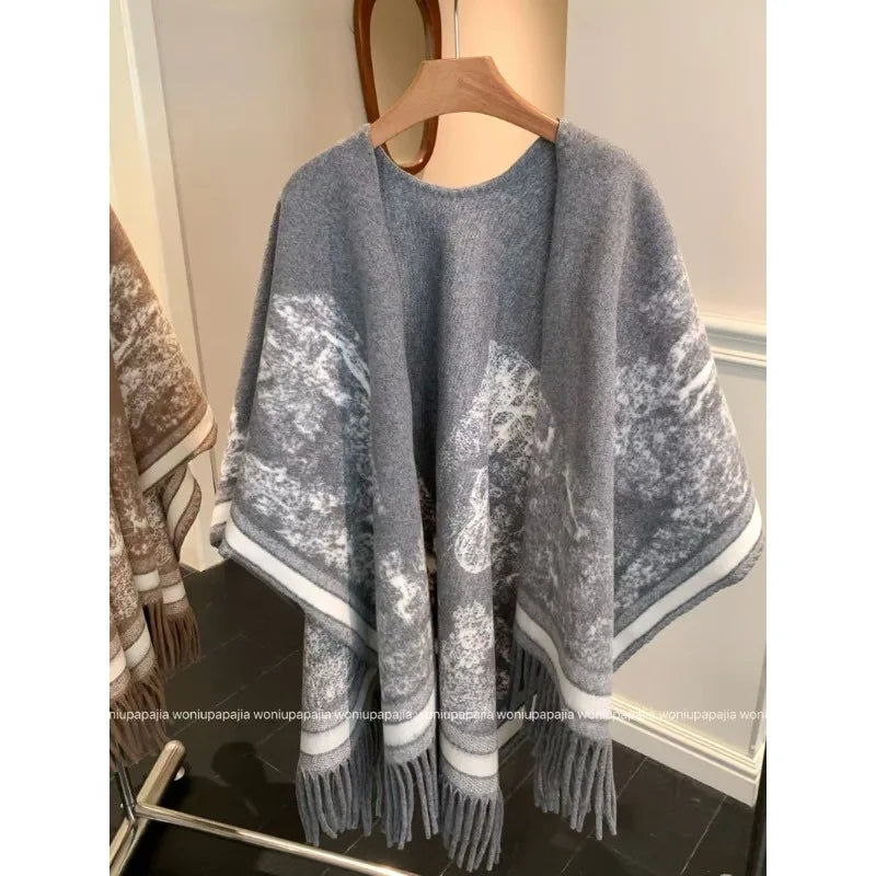 Light luxury and high-end shawl jacket for women in autumn and winter fashion, ancient style warm scarf, cloak outer outfit