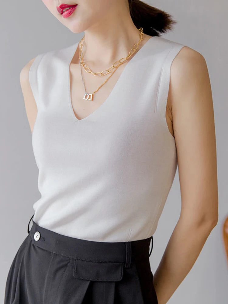 Summer Women Knitted Tank Tops Women Thin Tops Basic Casual Tank Tops V-neck Tees Sleeveless Tops For Women