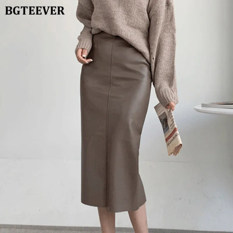 BGTEEVER Stylish Package Hip PU Leather Skirts for Women Autumn Elegant High Waist Slim Split Ladies Pencil Skirts