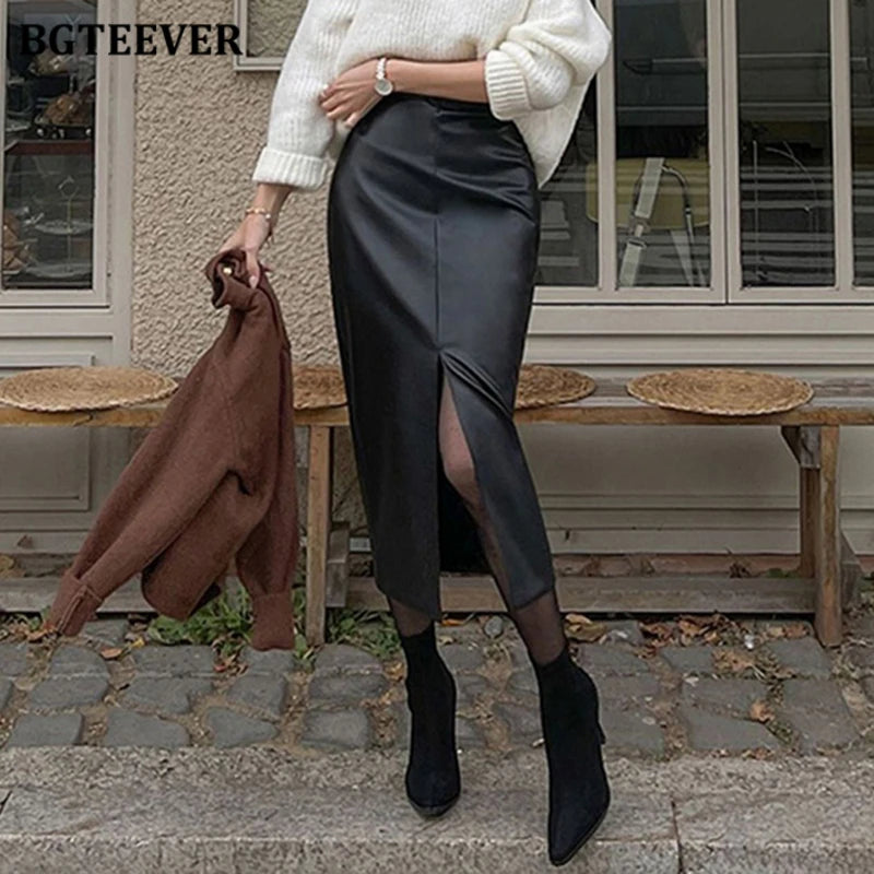 BGTEEVER Stylish Skinny PU Leather Skirts for Women Autumn Winter Elegant Slim Split Package Hip Pu Skirts Female