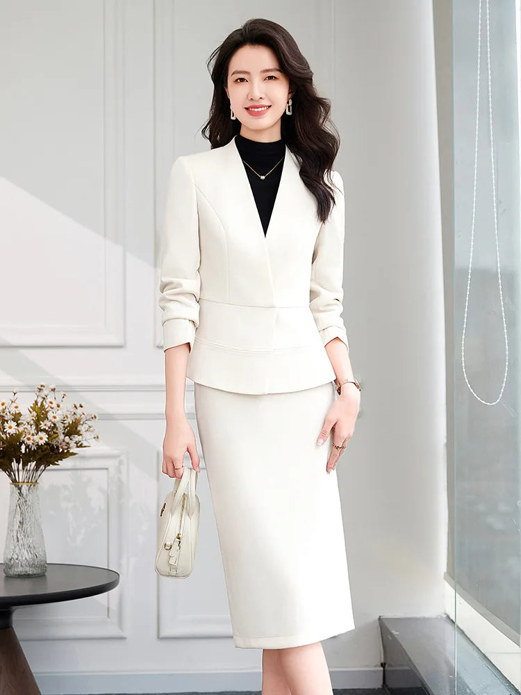 2025 New All Season Skirt Suits Women New Fashion Temperament V Neck Professional Blazer And High Waist Skirt Two Piece Set