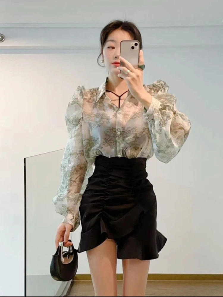 2023 Blusas Mujer De Moda Floral Sweet Blouses for Women Loose Puff Sleeve Turn Down Collar Shirts Summer Vintage Elegant Tops