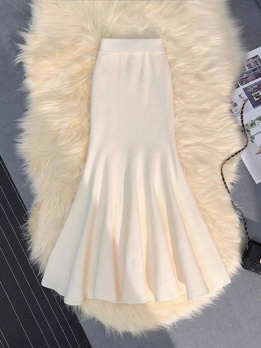 Knitted Midi Skirt Ruffled Hem Midi Length Pull-on Flared Fishtail Skirt for Women Autumn Winter Elegant Outfit