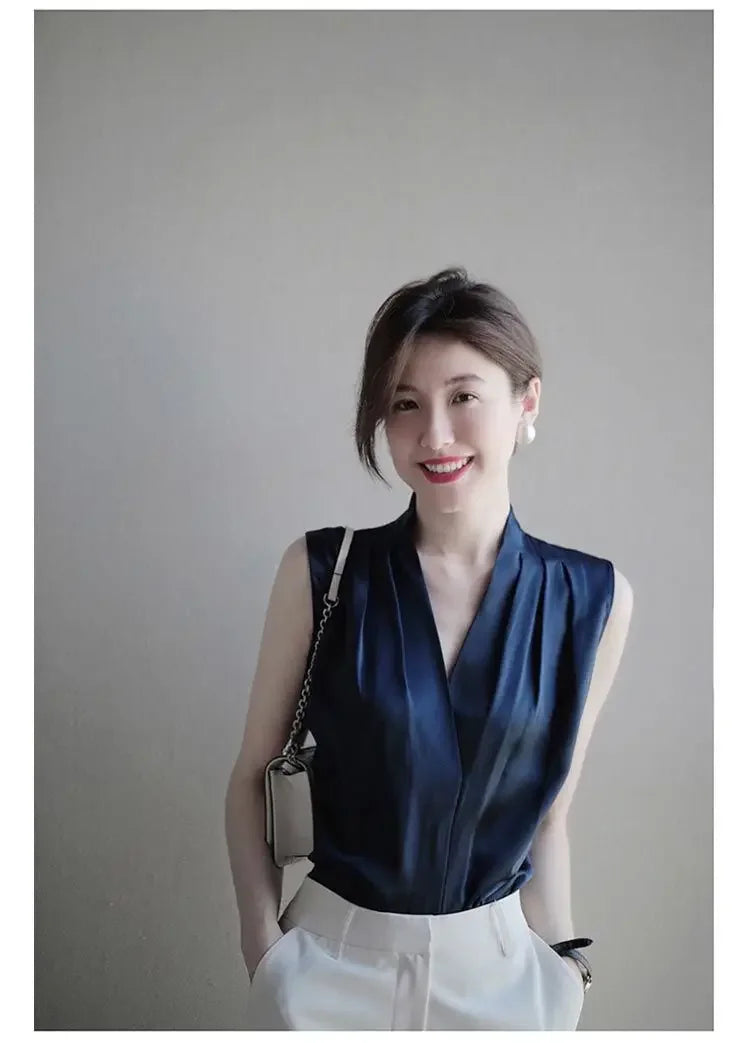 2025 New Summer Satin Tank Top Women's Blouses Sleeveless Solid Cross V-neck Casual Korean Elegant Vest Shirts for Womens