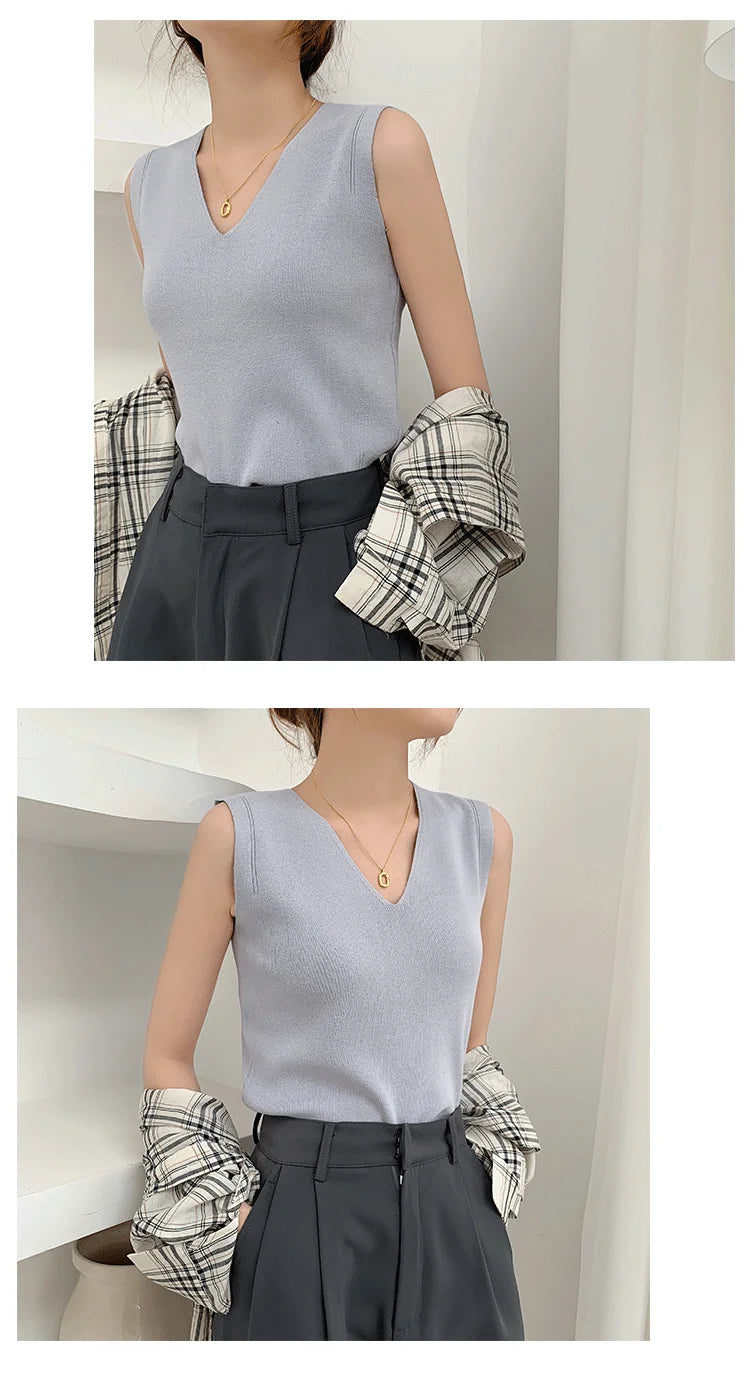 Summer Women Knitted Tank Tops Women Thin Tops Basic Casual Tank Tops V-neck Tees Sleeveless Tops For Women