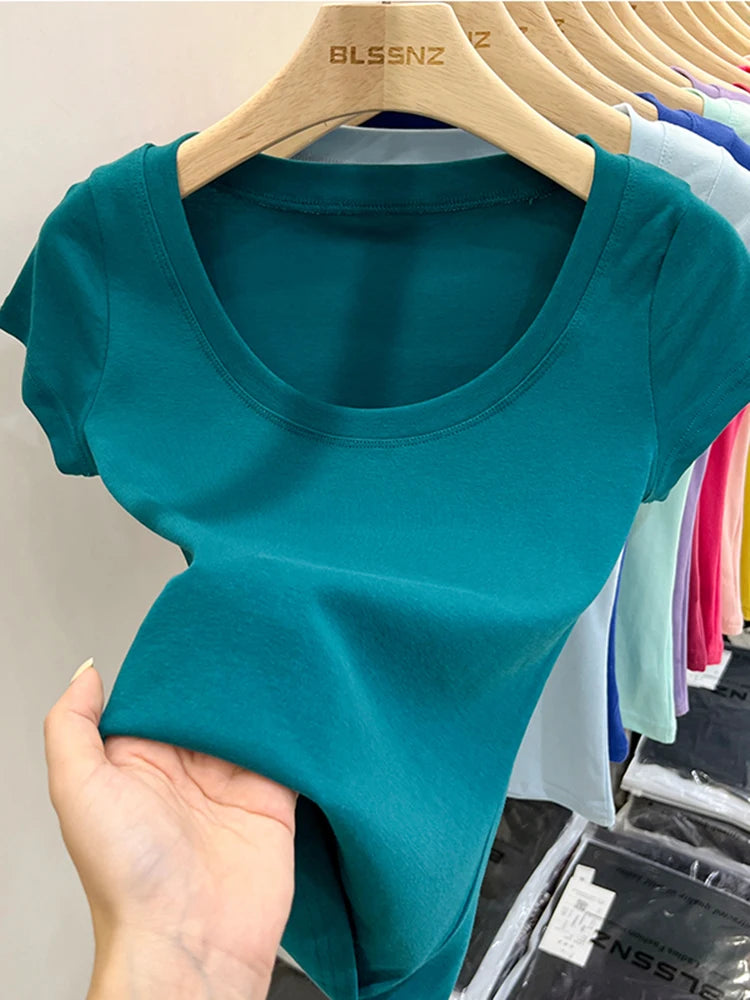 2025 Sexy Square Collar Slim T Shirt Women Cotton Elastic Basic Solid Female Casual Tops Short Sleeve Thin T-shirts See Through