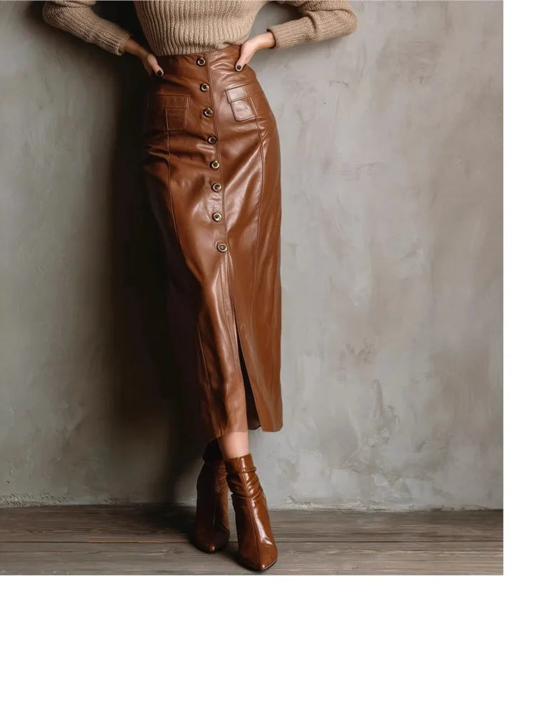 New Autumn And Winter PU Leather Women's Skirt Sexy Button Slit Slim High Waist Long Hip Cover Skirt Casual Womens Clothing