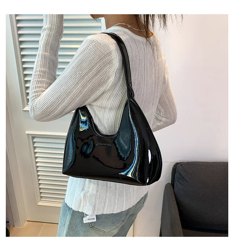 Trendy Designer Solid Shoulder Bags for Women Handbags and Purses 2024 New Fashion Patent Leather Underarm Ladies Tote Bags