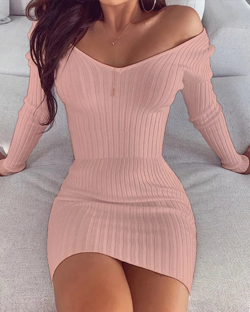 Sexy V-neck Bodycon Woman Dress Long Sleeve Off Shoulder Short Dresses For Women 2023 Spring Autumn White Pink Mini Dress Robe