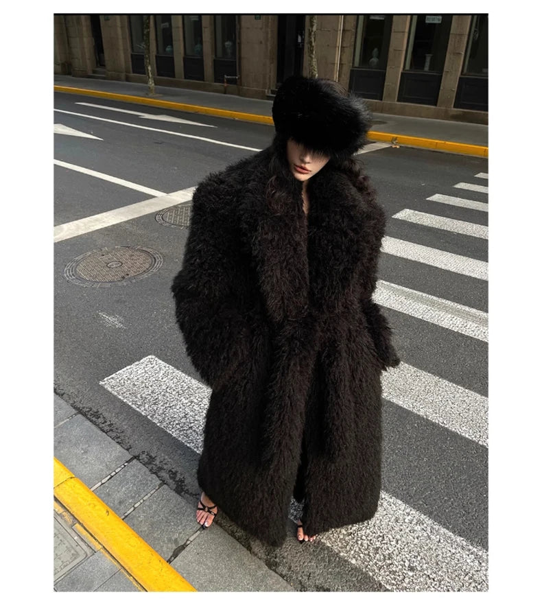 Lautaro Winter Extra Long Soft Thick Warm Fluffy Black Fuzzy Shaggy Hairy Faux Fur Coat Women Sashes Luxury Furry Overcoat 2023