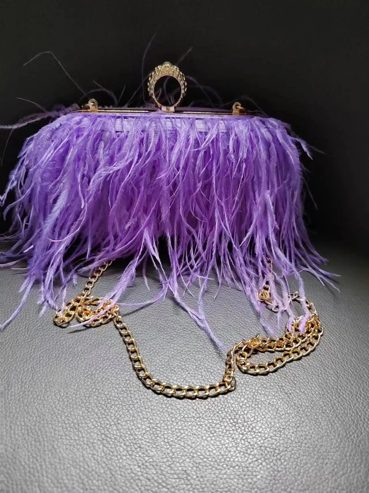 Multicolored Ostrich Feather Purse Clutch Bag Evening Hand Purse With Knuckle Ring Purple/Pink/White/Black Purse